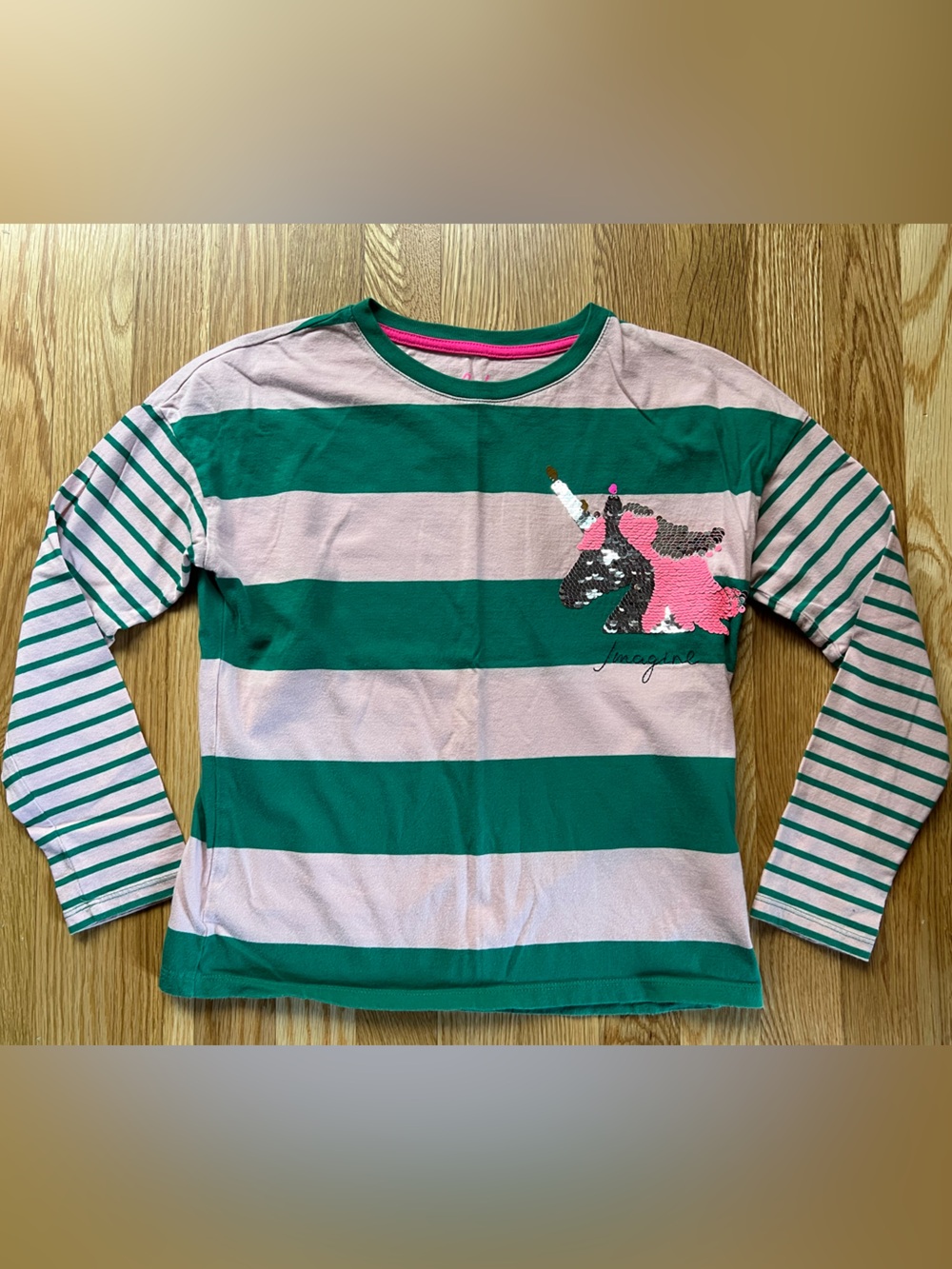 Mini Boden Pink and Green Striped Girls Top with Unicorn Sequin 9-10Y